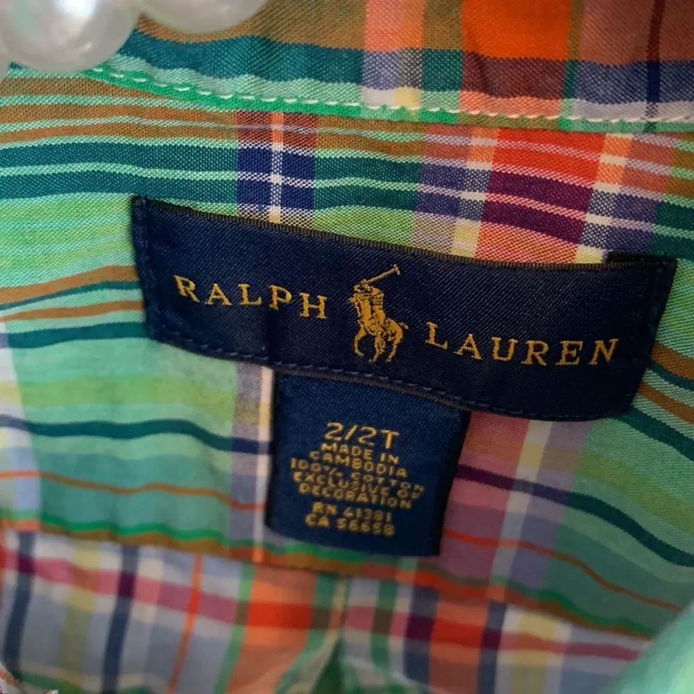 Polo Ralph Lauren Boys 2T Shirt Plaid Green Orange Blue Long Sleeve Button Down
